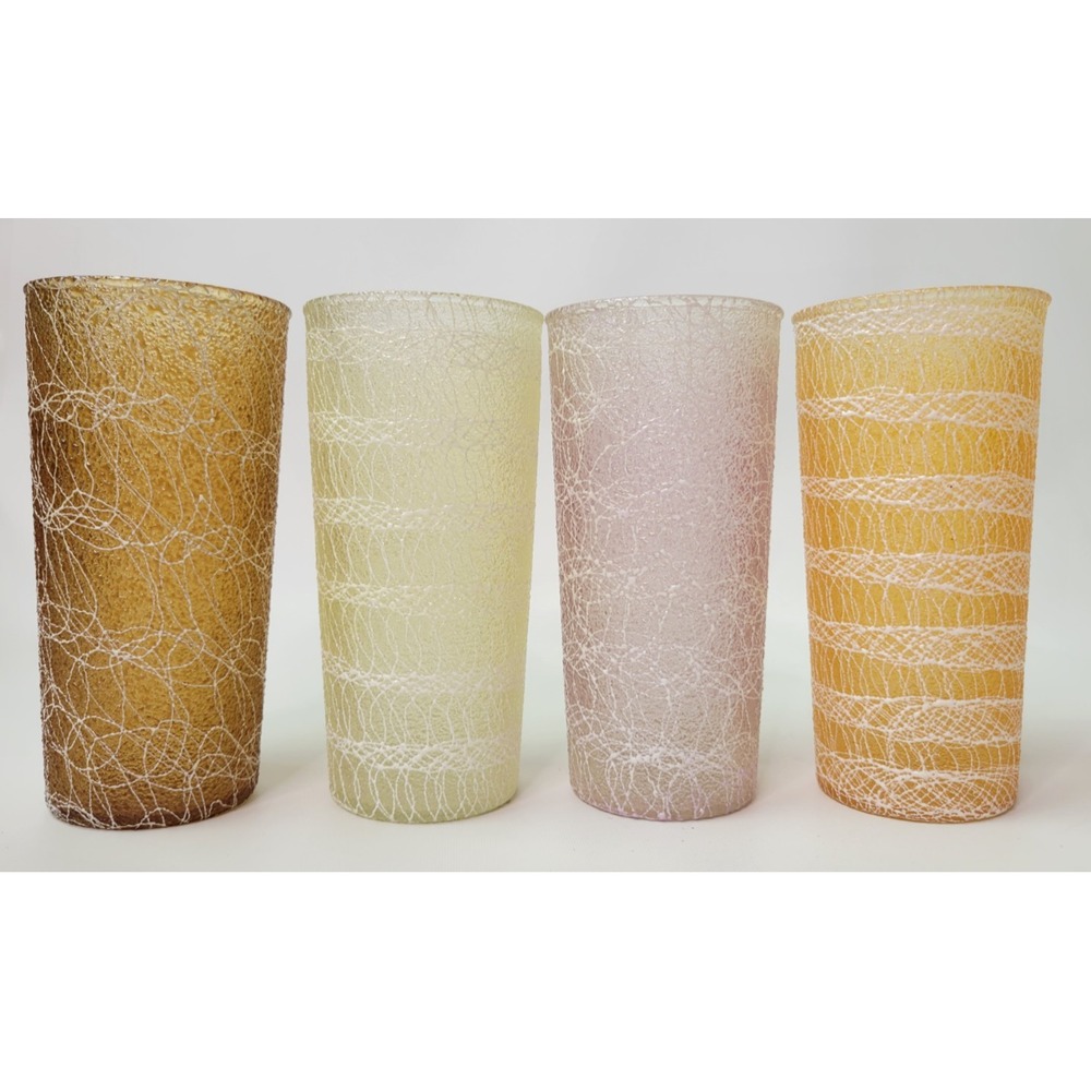 4 Vtg MCM Spaghetti String Shat-R-Pruf Tumblers Glasses Orange Purple Brown 6.25